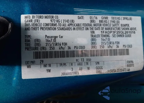 2016 Ford Focus Se from USA, damaged, VIN 1FADP3F25GL261016